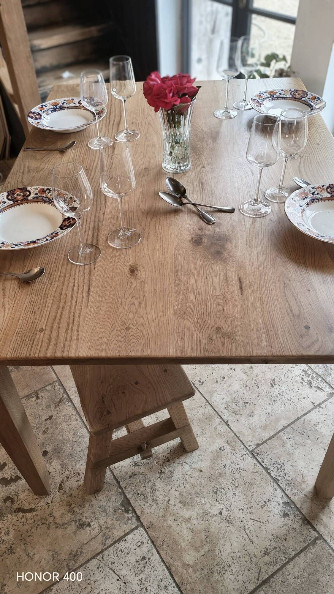 Farm table and bench ("A frame") in solid French oak.