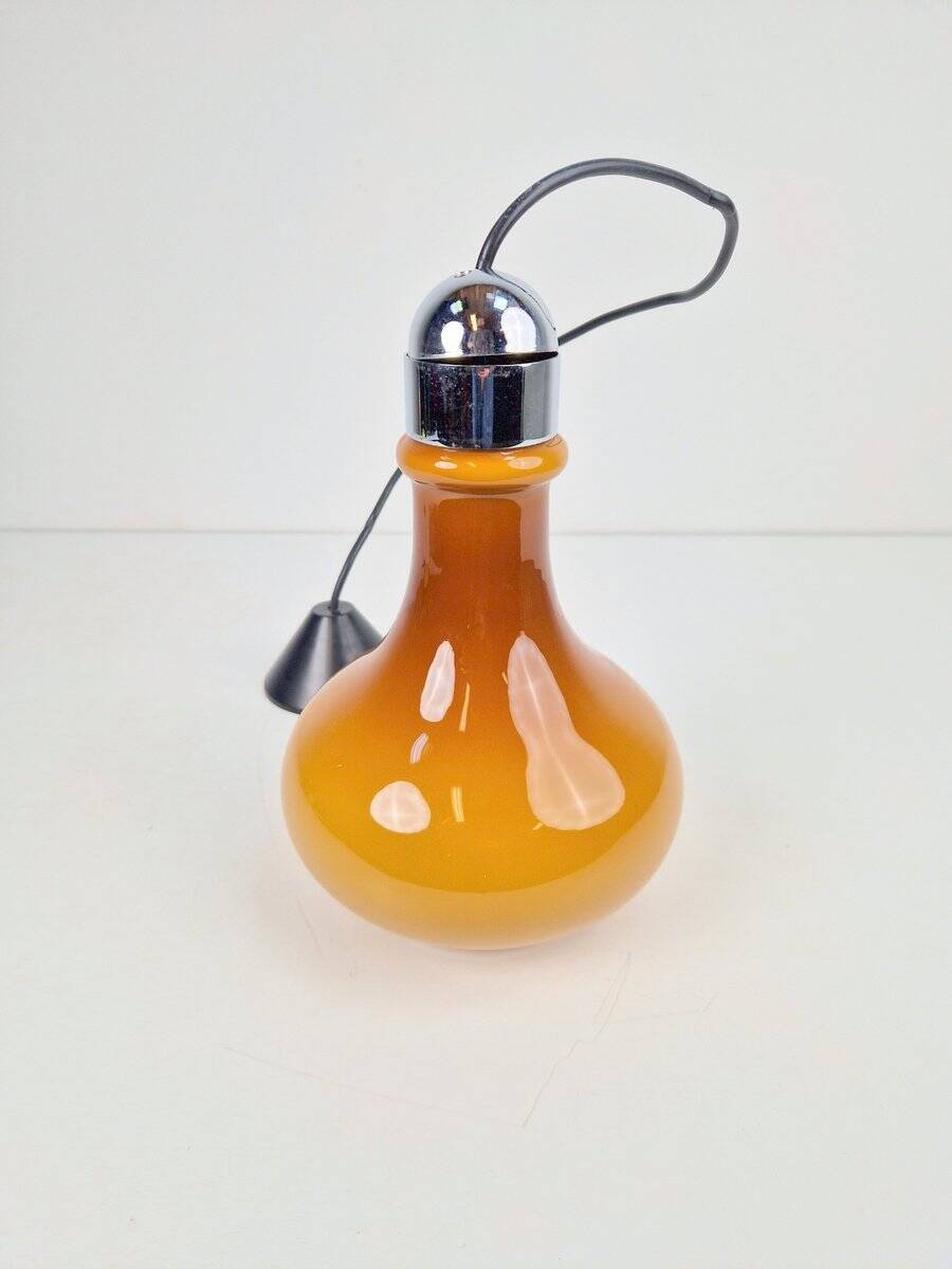 Vintage Scandinavian Drop Pendant Lamp in Brown Opal Glass and Chrome from Peill & Putzler, 1960s