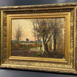 Painting Barbizon School animated path twilight wooden frame gilded stucco late 19th century
