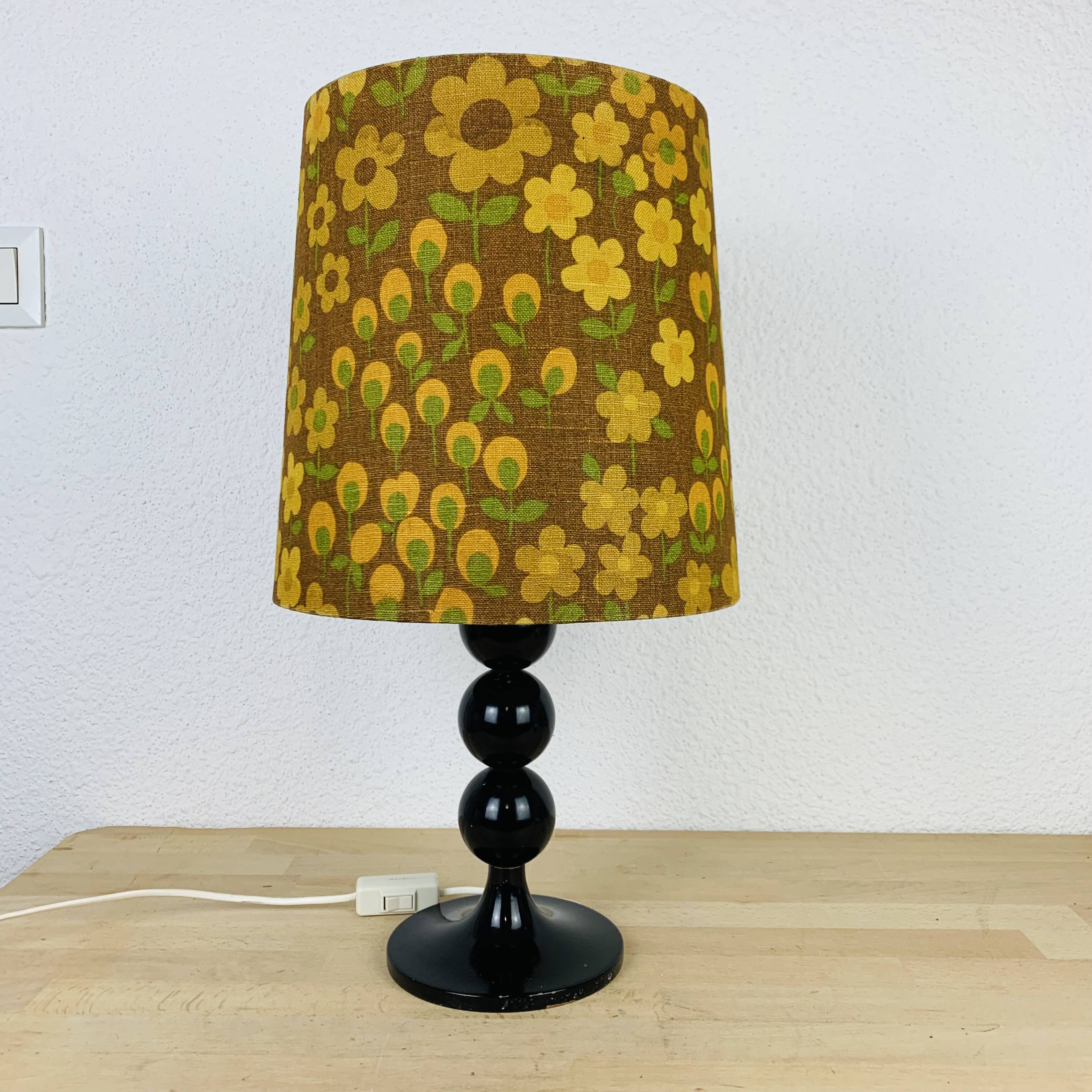 Black turned wood lamp seventies flower lampshade