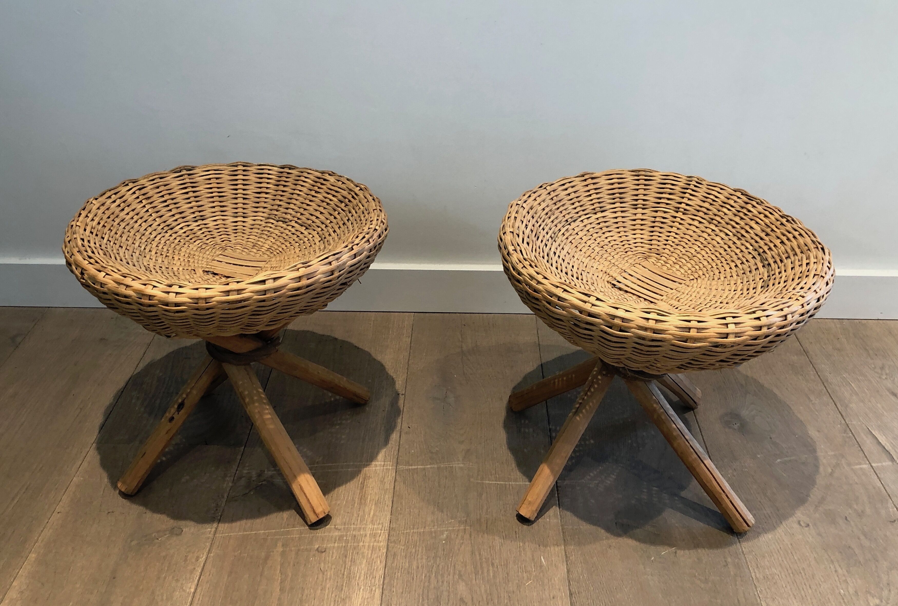 Pair of rattan stools. french work. around 1970