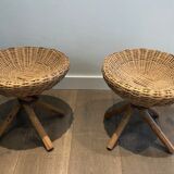 Pair of rattan stools. french work. around 1970