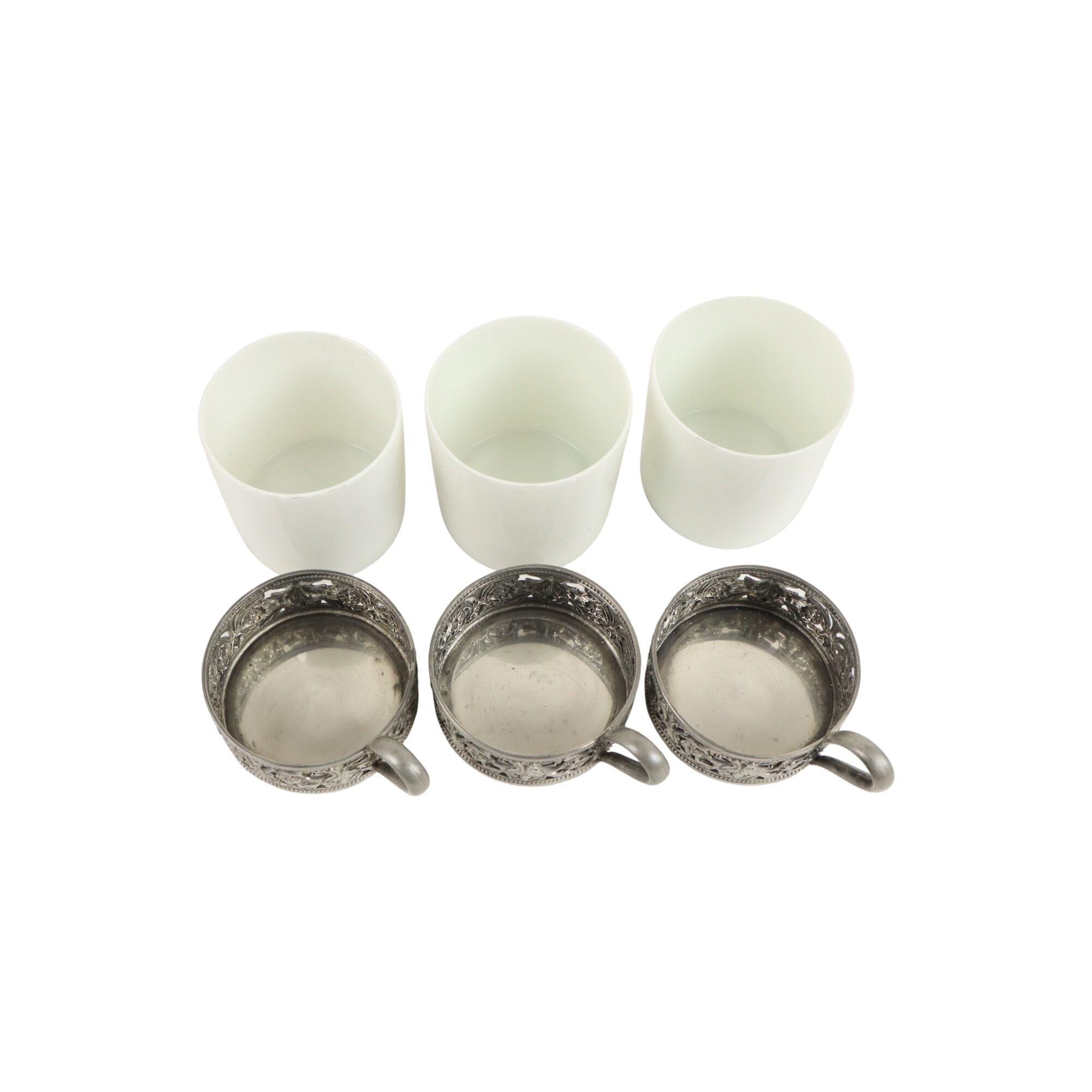 Vintage Set of 6 Pewter Cup Holders with Limoges Porcelain Cups