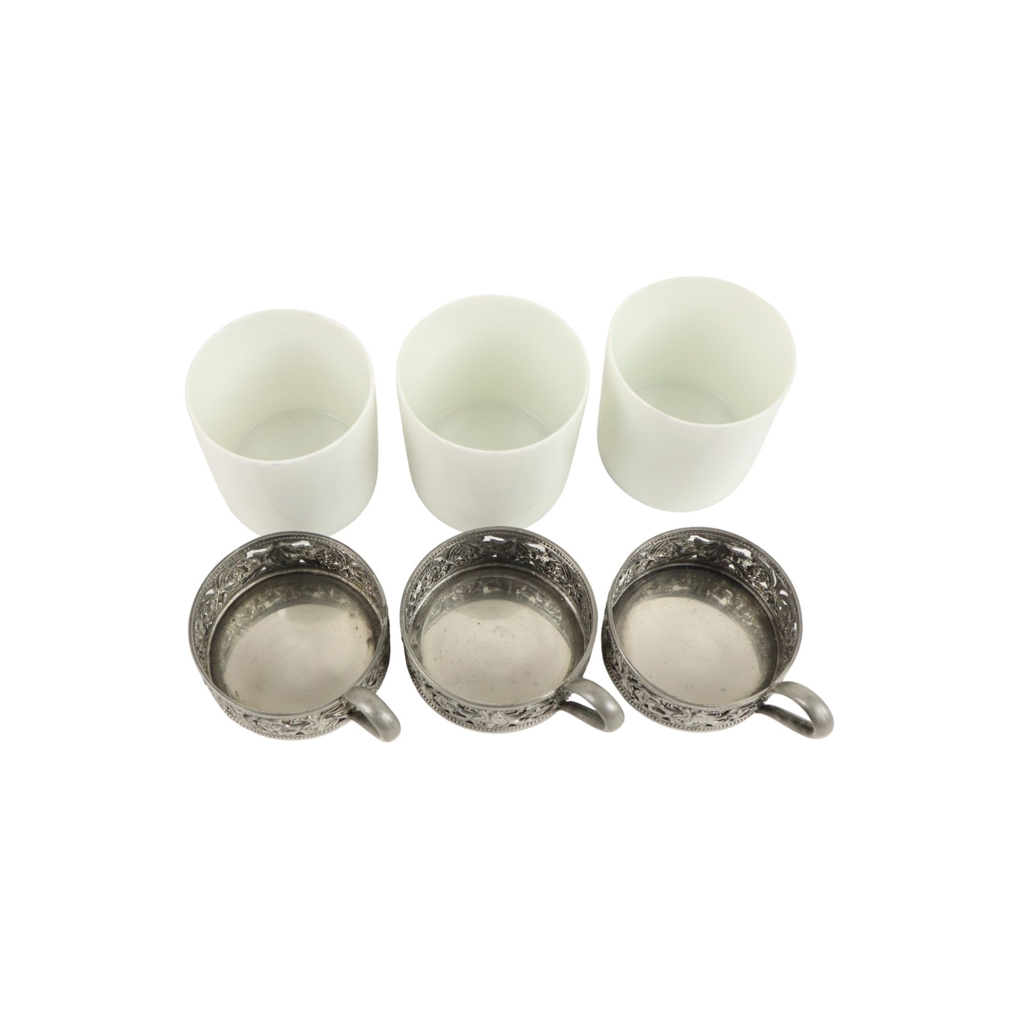 Vintage Set of 6 Pewter Cup Holders with Limoges Porcelain Cups