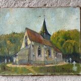 Huile sur toile, église de campagne