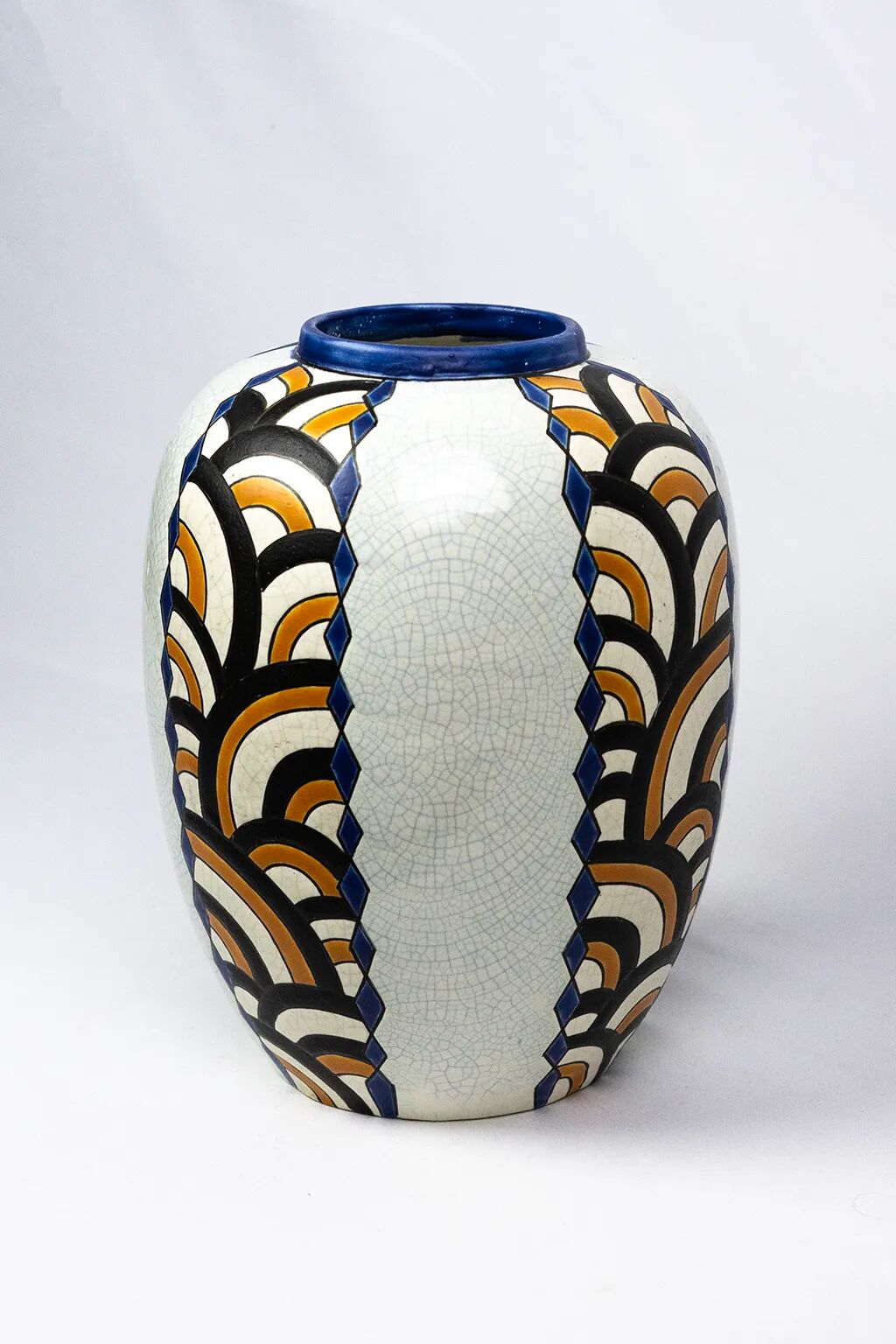 Art Deco vase from the Nimy pottery — geometric design, Belgium circa 1940.