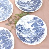 4 blue Gien plates with castle village bridge decor