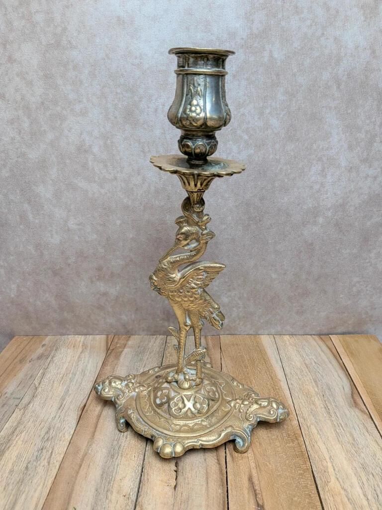 Antique brass candlestick heron – Orientalist Art Nouveau style