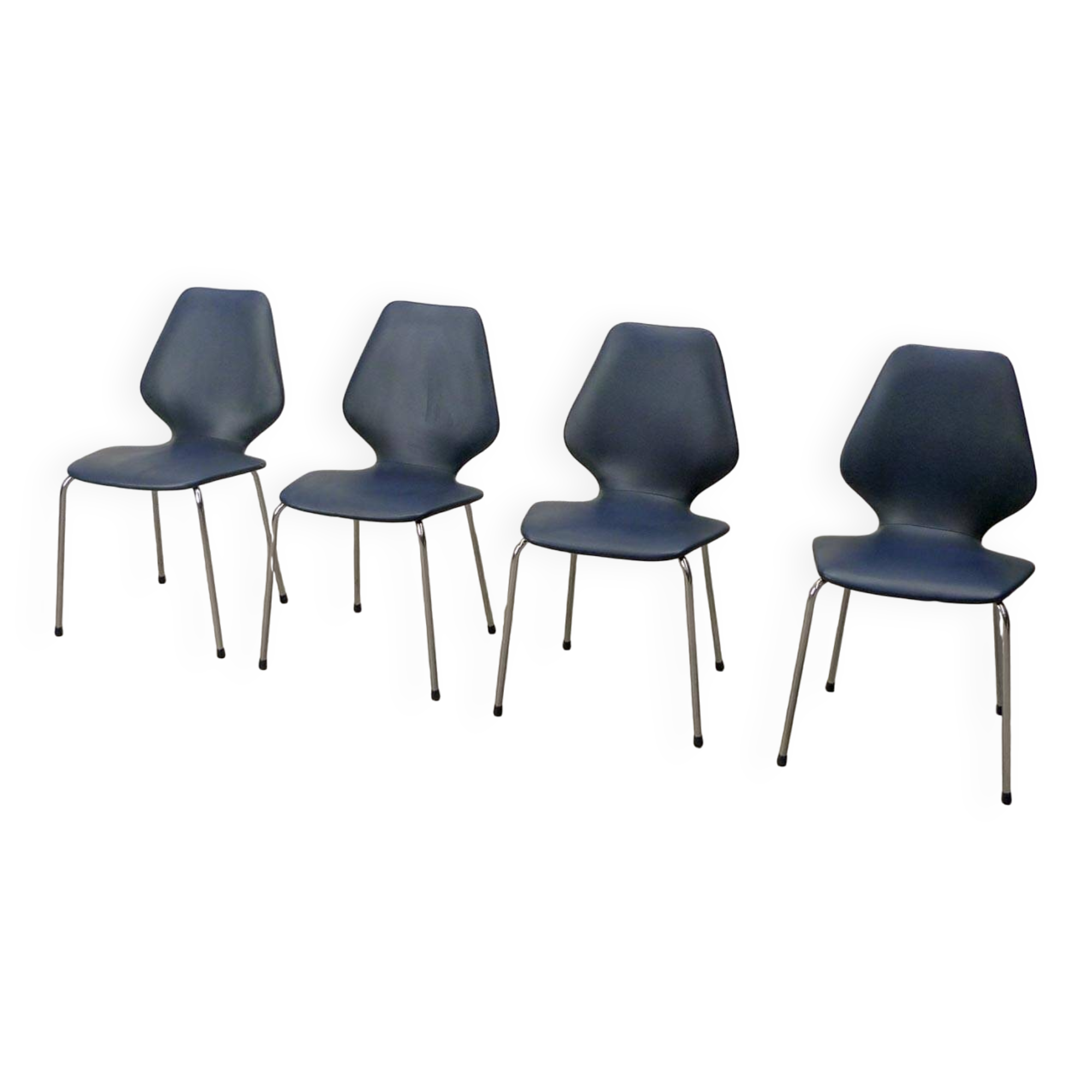 Set of Four Vintage Kitchen Chairs, Night Blue Leatherette with Chrome. 60s
