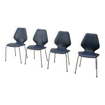 Set of Four Vintage Kitchen Chairs, Night Blue Leatherette with Chrome. 60s