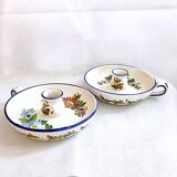 Pair of handmade cracked earthenware hand candlesticks signed Bassano Italy