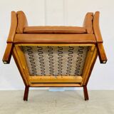 Fauteuil lounge scandinave vintage en cuir cognac, style milieu du siècle