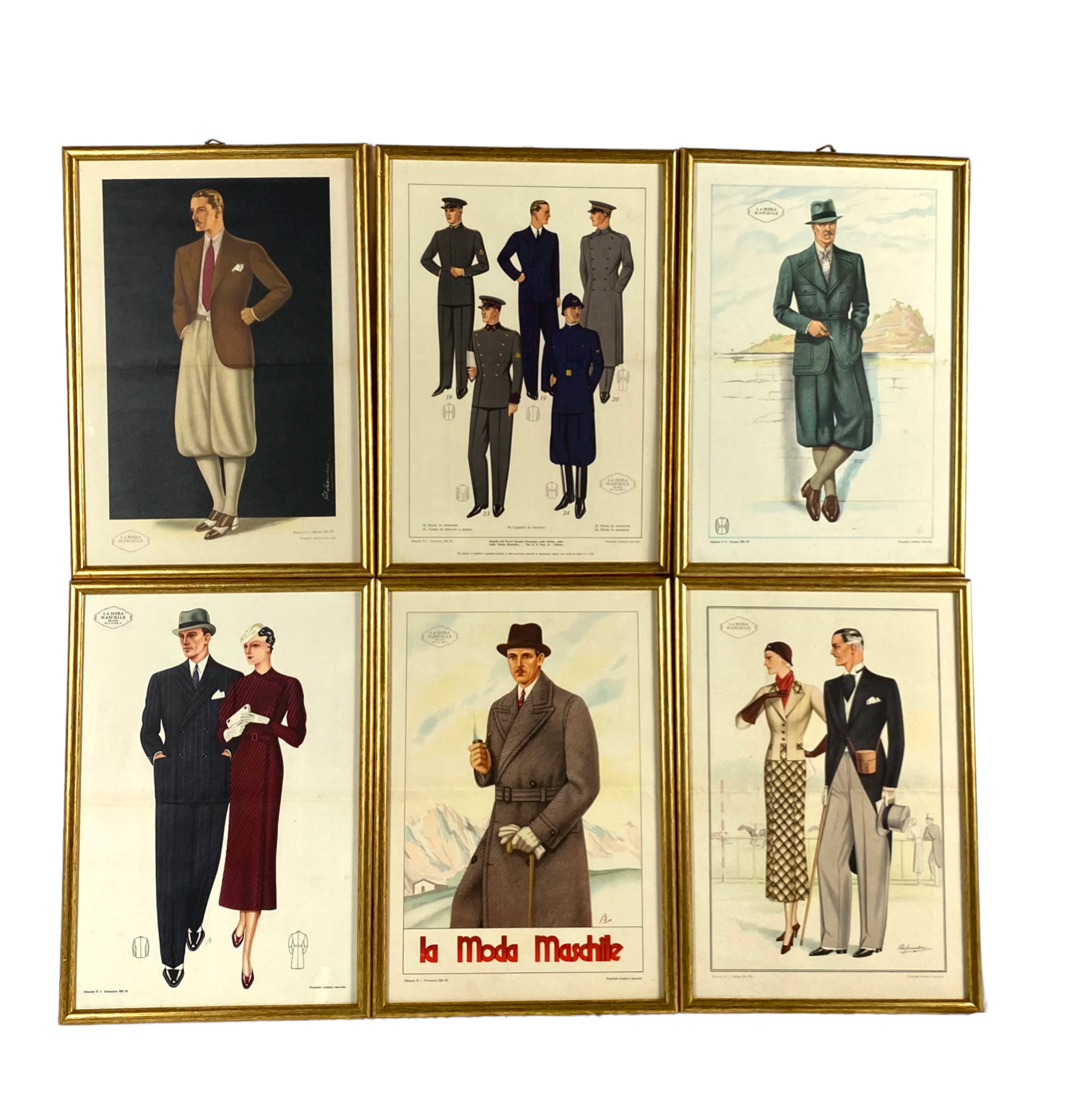 'La Moda Maschile', Set of 6 framed original illustrations of men's fashion from the 30s, Italy 1930