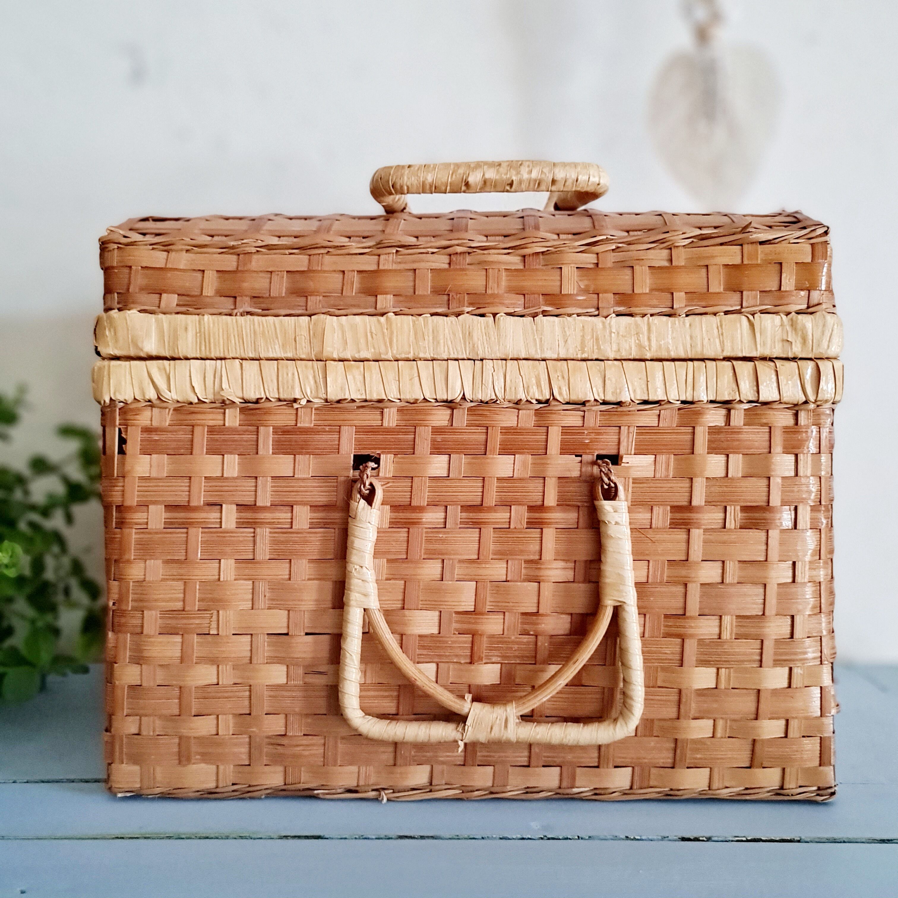 Small suitcase in vintage rattan trunk