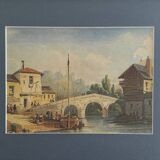 Watercolor on paper boat anchored near a bridge 19th century gilded frame
