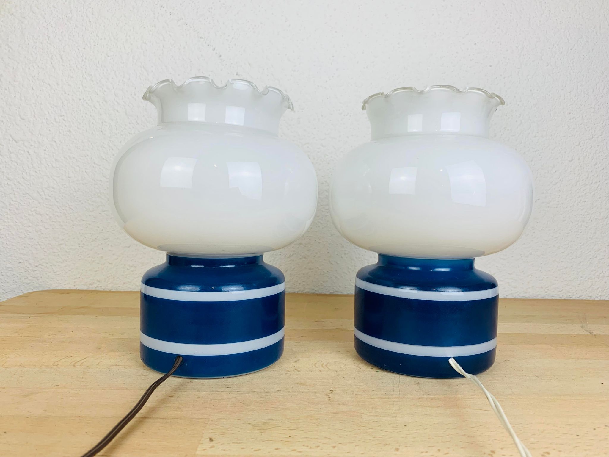 Pair of space age 70 opaline lamps and blue glass