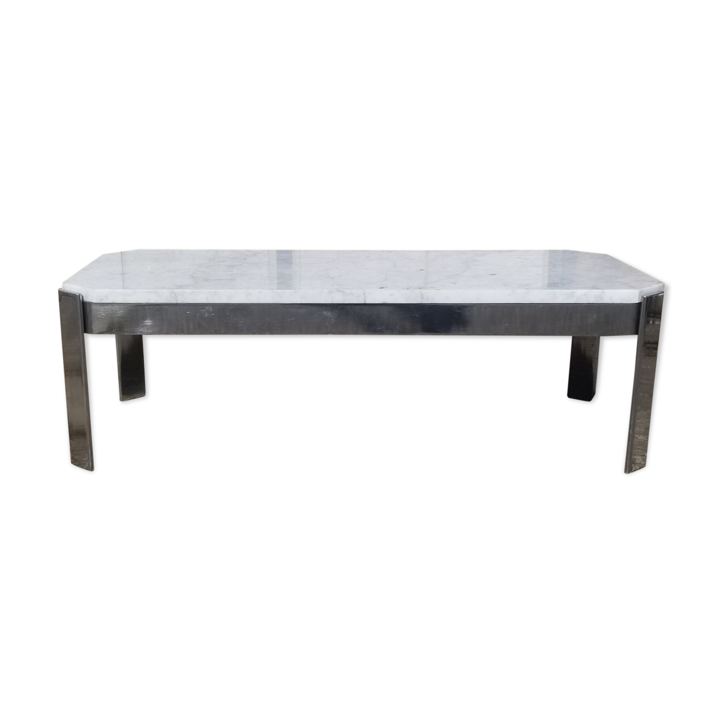Vintage chrome metal coffee table and white marble top - 70s