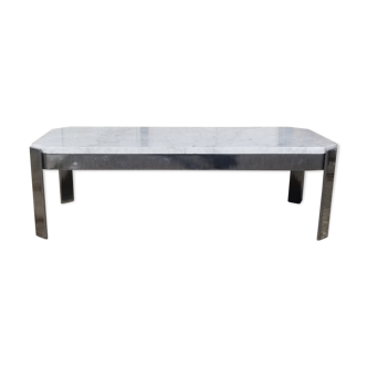 Vintage chrome metal coffee table and white marble top - 70s