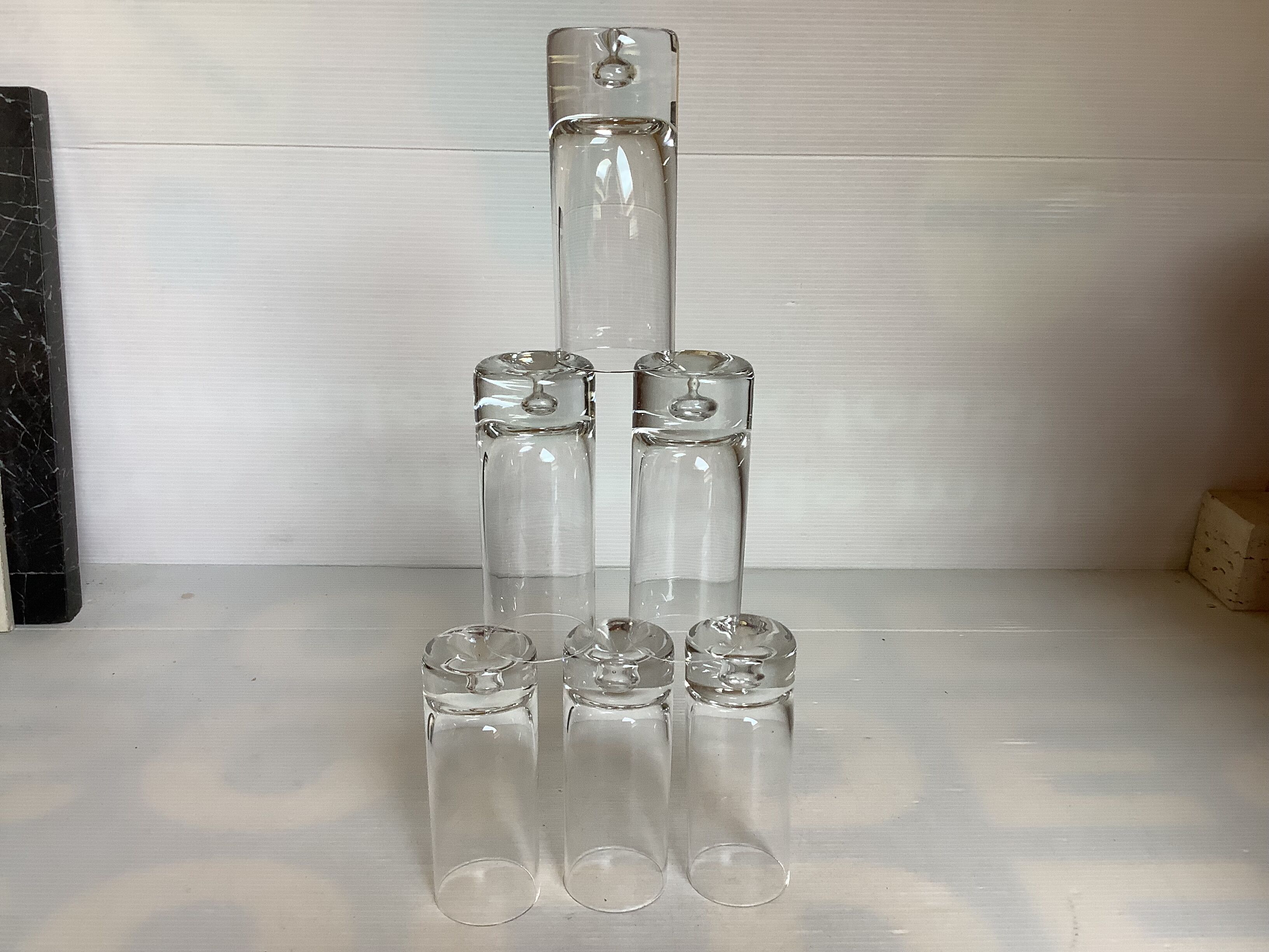6 small bubble-footed shot glasses in Kosta Boda style.