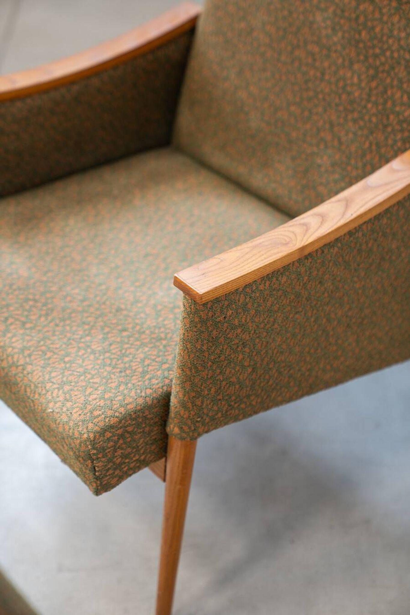 Pair of vintage armchairs in oak and embossed fabric, with old republished certificate of authenticity