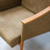 Pair of vintage armchairs in oak and embossed fabric, with old republished certificate of authenticity