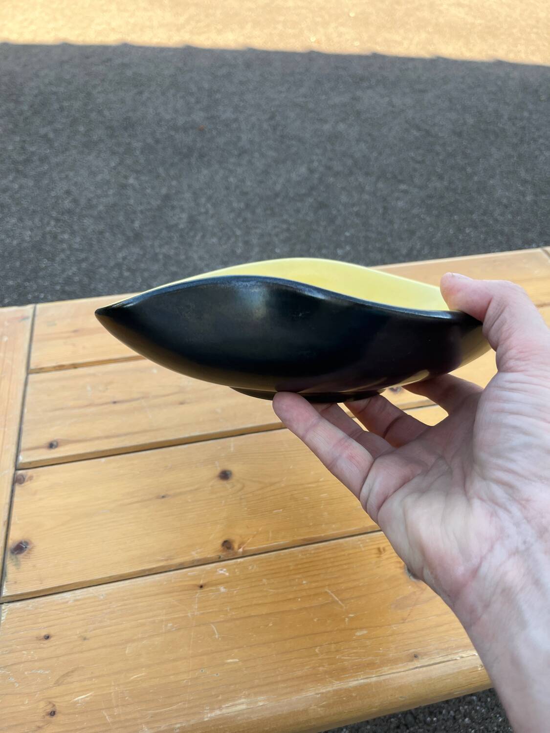 Large vintage 1950 bowl in black and yellow free-form ceramic
