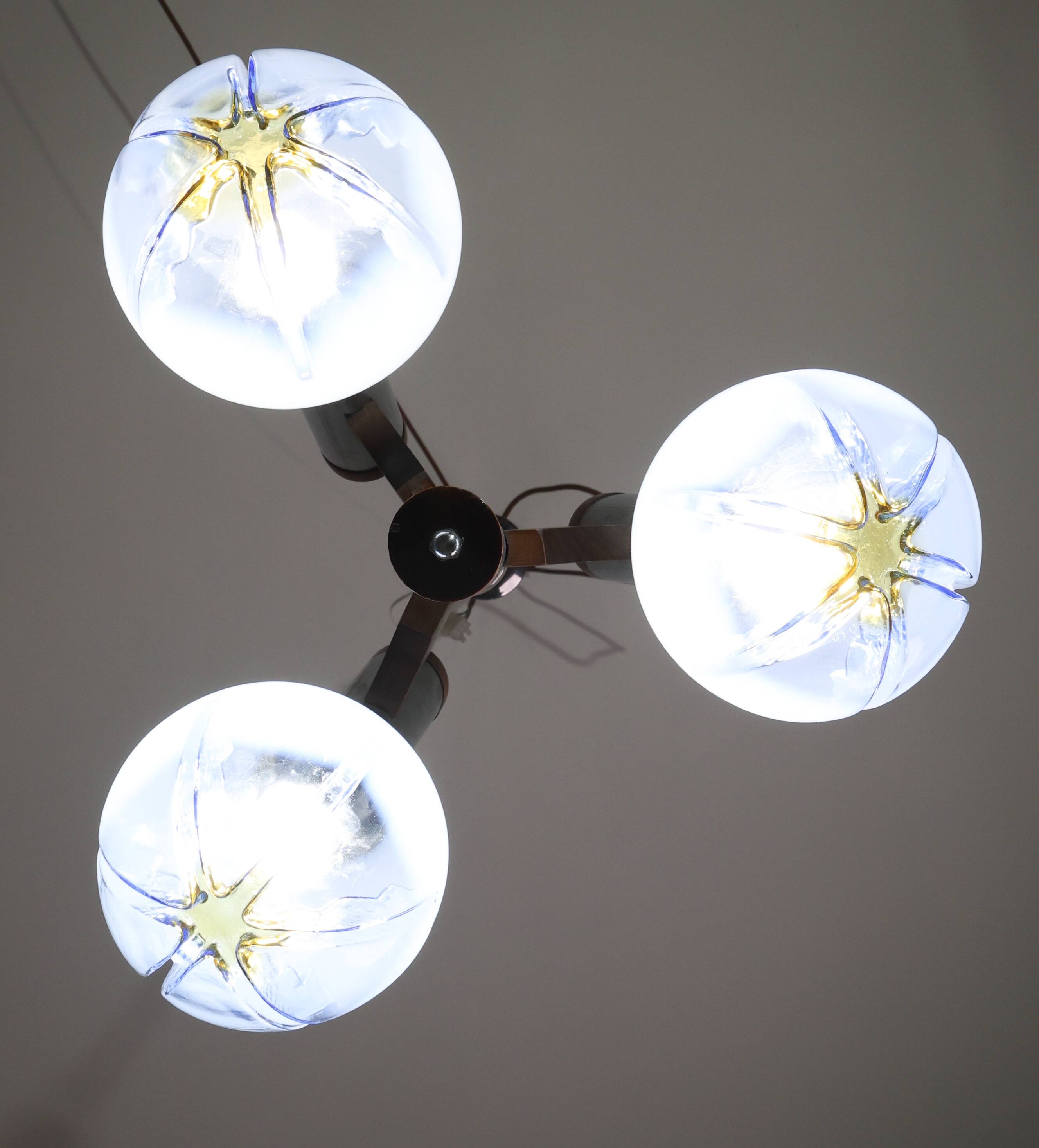 Chandelier en verre de Murano turquoise bleu à 3 lumières de style italien des années 50 par Mazzega