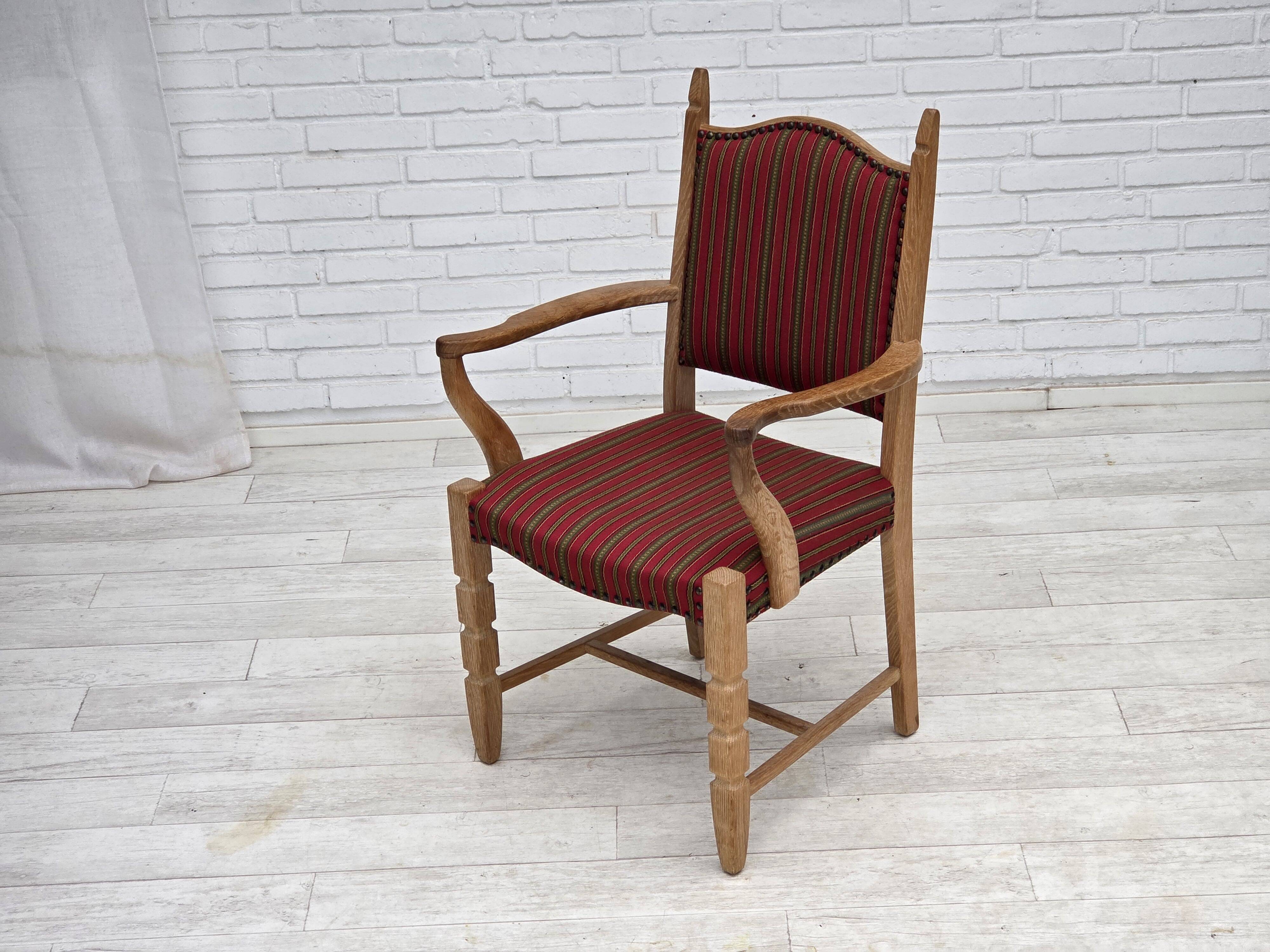 1970s, Danish armchair, striped red furniture wool, solid oak wood.