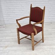 1970s, Danish armchair, striped red furniture wool, solid oak wood.
