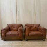 Pair of Cognac Leather Club Armchairs & Wood - Italian Design - 1970s