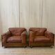 Pair of Cognac Leather Club Armchairs & Wood - Italian Design - 1970s
