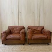 Pair of Cognac Leather Club Armchairs & Wood - Italian Design - 1970s