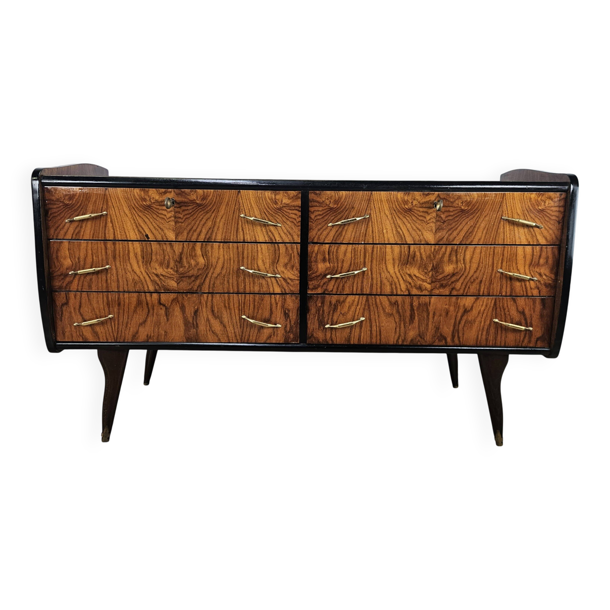 1950s six-drawer chest of drawers with glass top