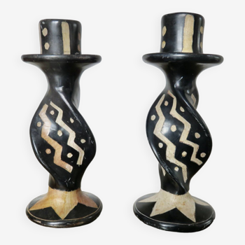 Pair of ethnic soapstone candlesticks, African craftsmanship 1980