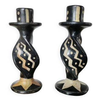 Pair of ethnic soapstone candlesticks, African craftsmanship 1980