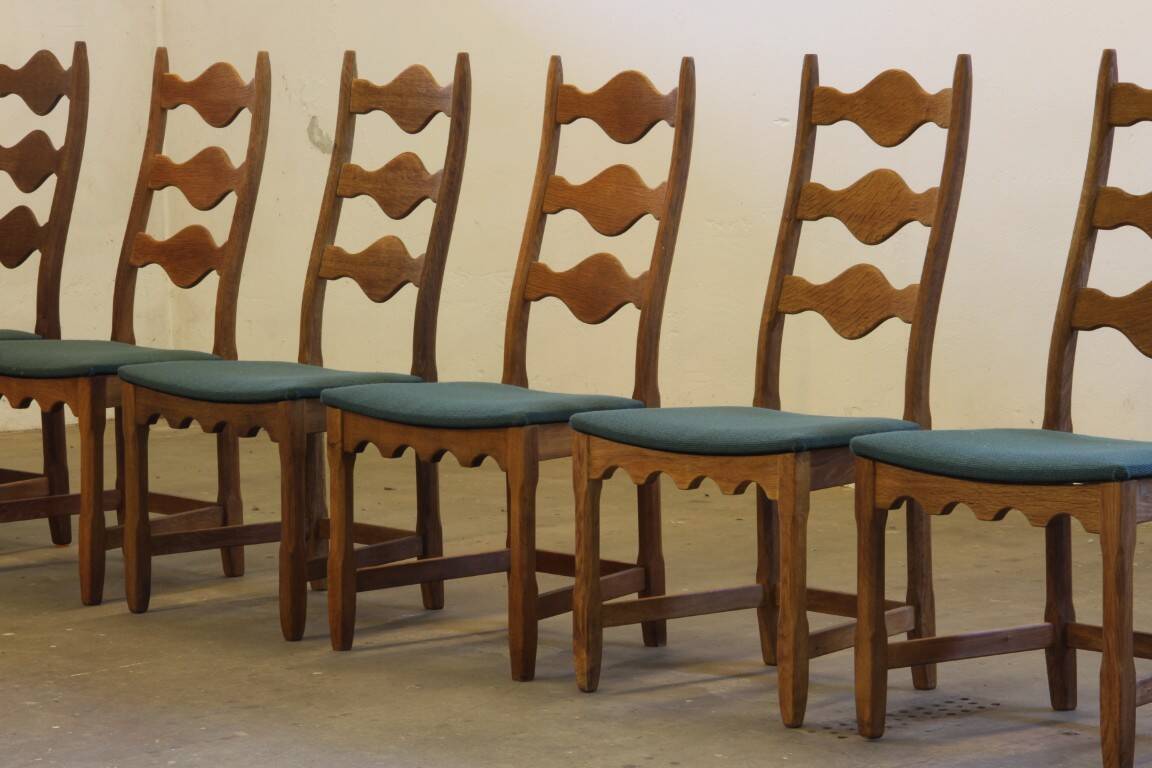 Six vintage 1960s Danish ladderback oak chairs, Henning Kjærnulf brutalist style