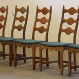 Six vintage 1960s Danish ladderback oak chairs, Henning Kjærnulf brutalist style