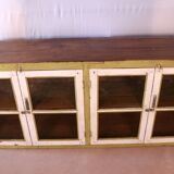 Ancien grand buffet en teck birman belle patine verte-blanche d'origine