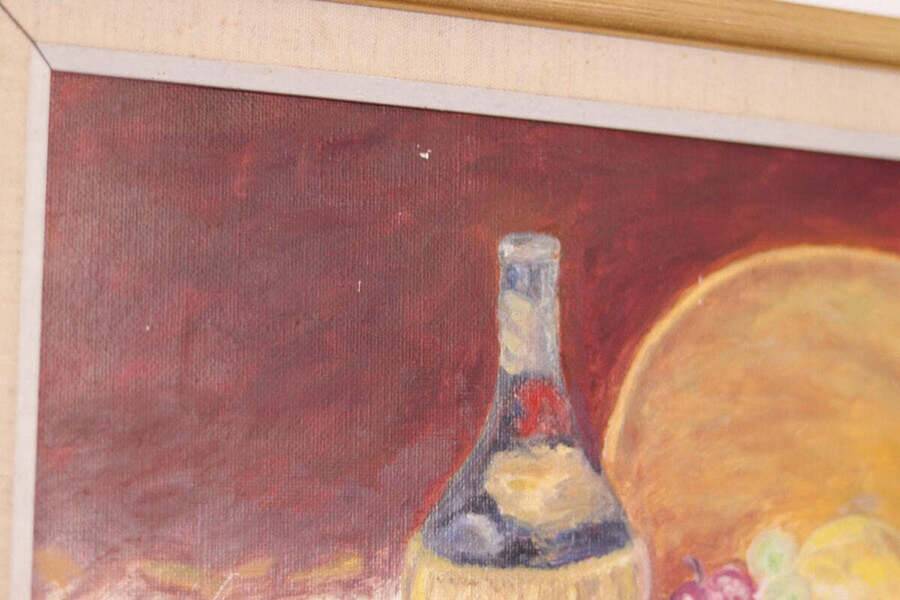 Original Swedish oil on canvas – “Still Life with Fruit and Bottle” by A.K. – vintage & framed – 40 × 48 cm (15.7" × 18.9")