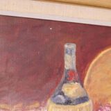 Original Swedish oil on canvas – “Still Life with Fruit and Bottle” by A.K. – vintage & framed – 40 × 48 cm (15.7" × 18.9")