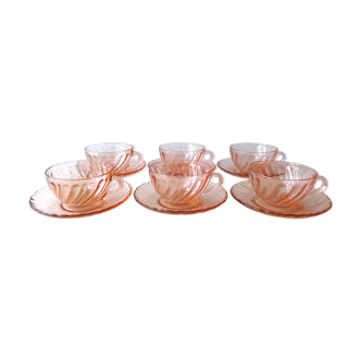 Set de 6 tasses et sous tasses Arcoroc en verre rose