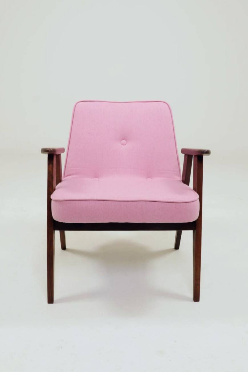 Pink Armchair Vintage Pastel wool fabric, Oak wood