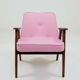 Vintage pink armchair in pastel wool fabric, oak wood.