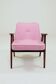 Vintage pink armchair in pastel wool fabric, oak wood.