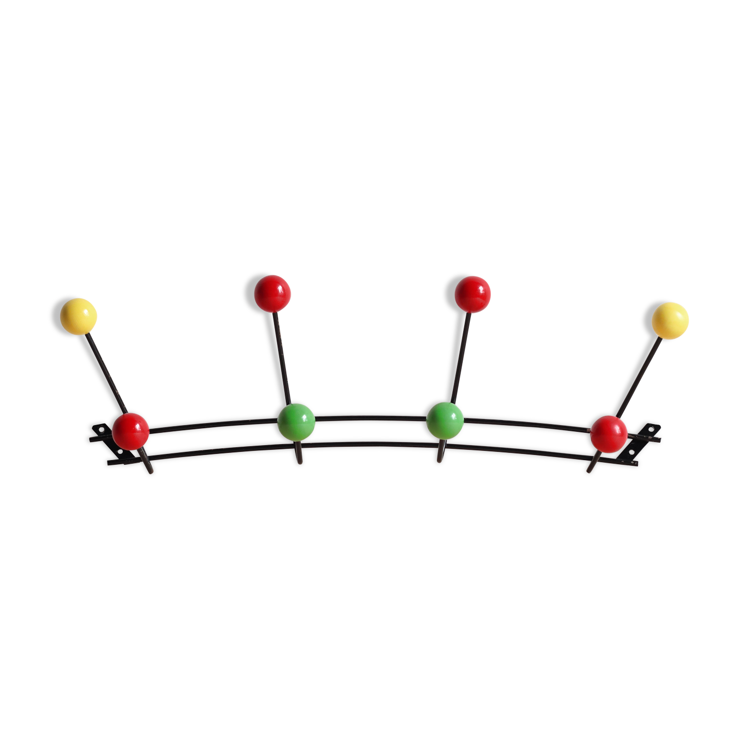 Wall coat holder years 60, 8 hooks wooden balls and lacquered metal