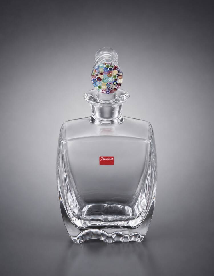 Baccarat crystal carafe with millefiori stopper and original box.