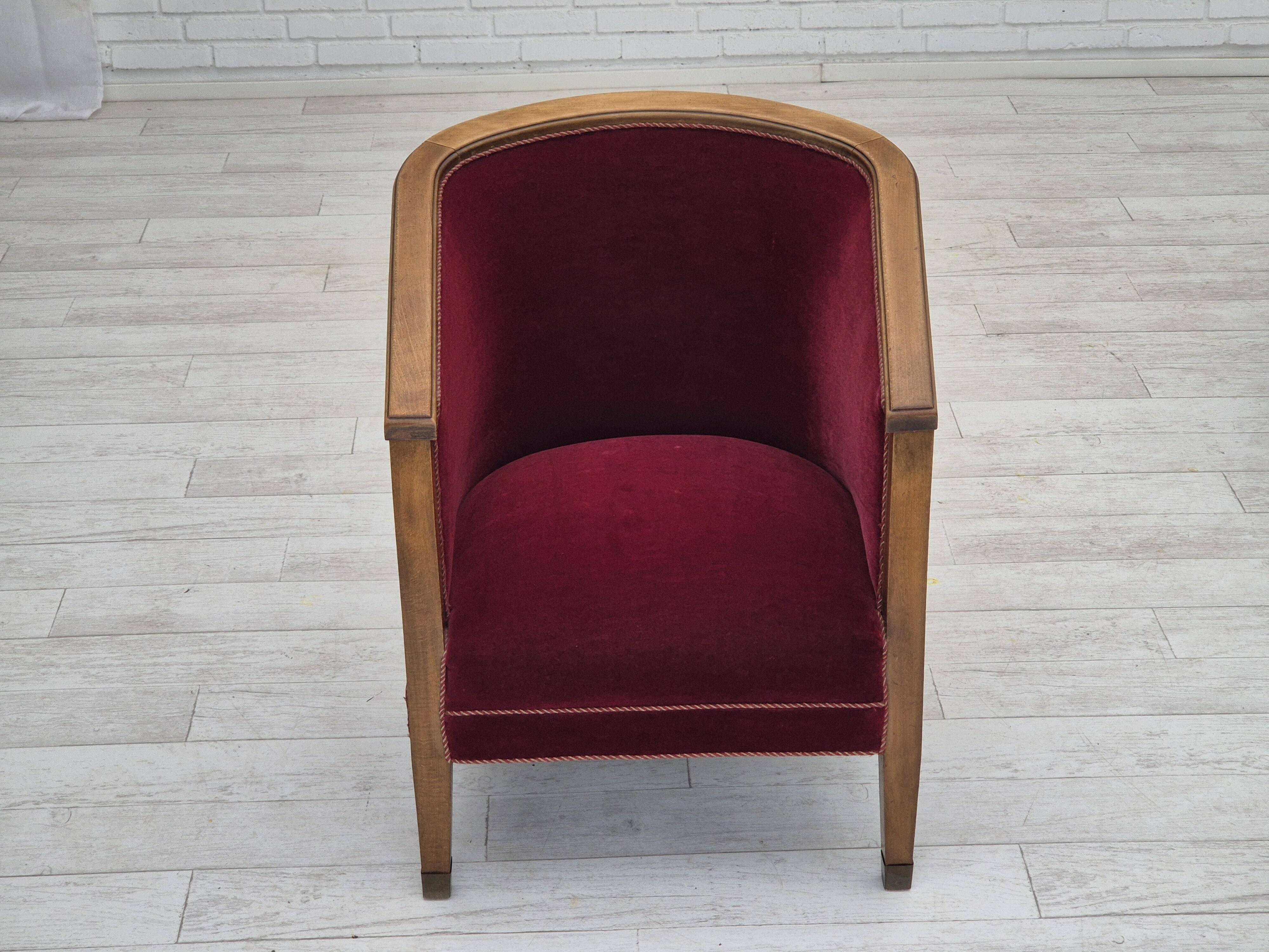 1950s, Danish armchair, original condition, furniture velour, beech wood.