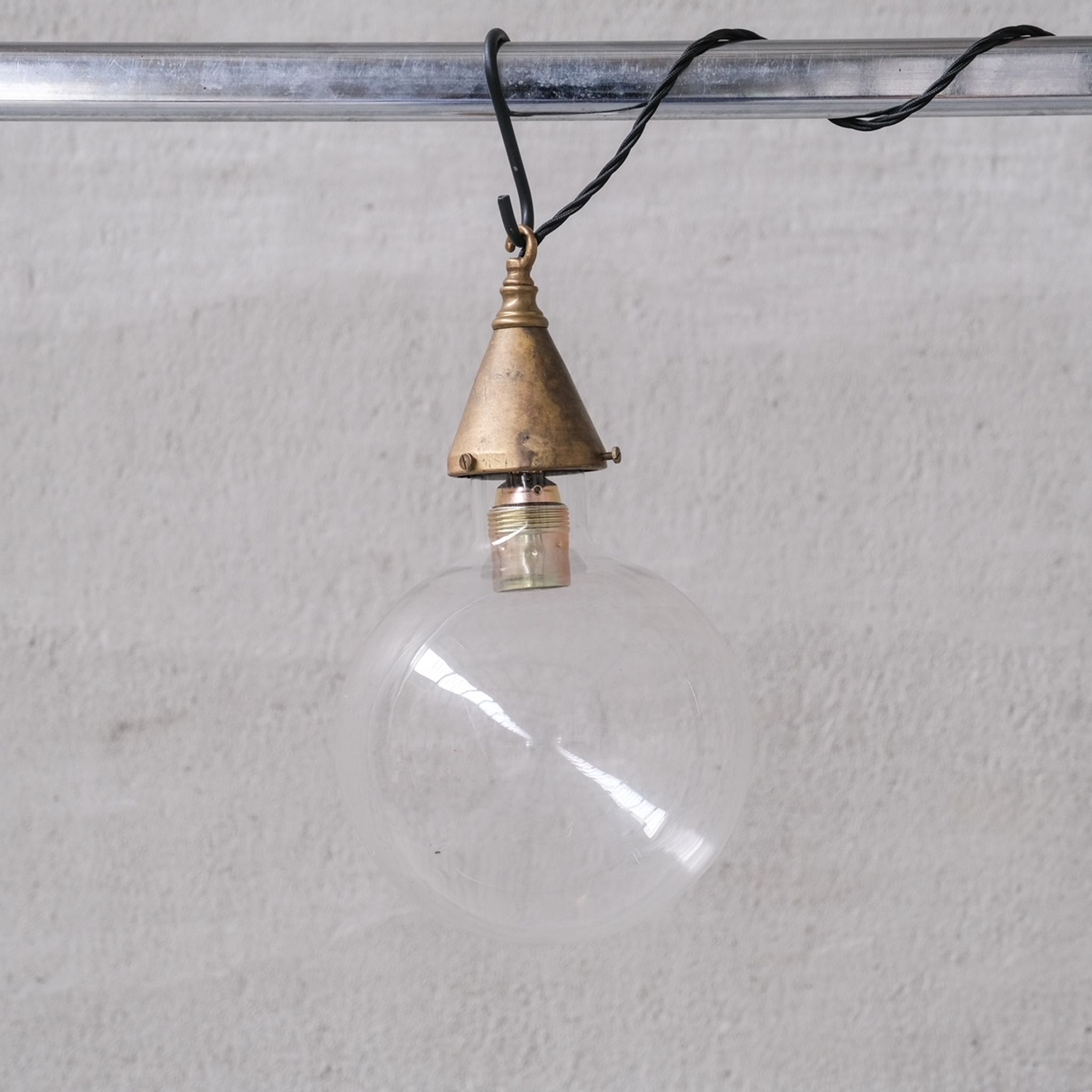 Clear Glass and Brass Bulb Mid-Century French Pendant Light