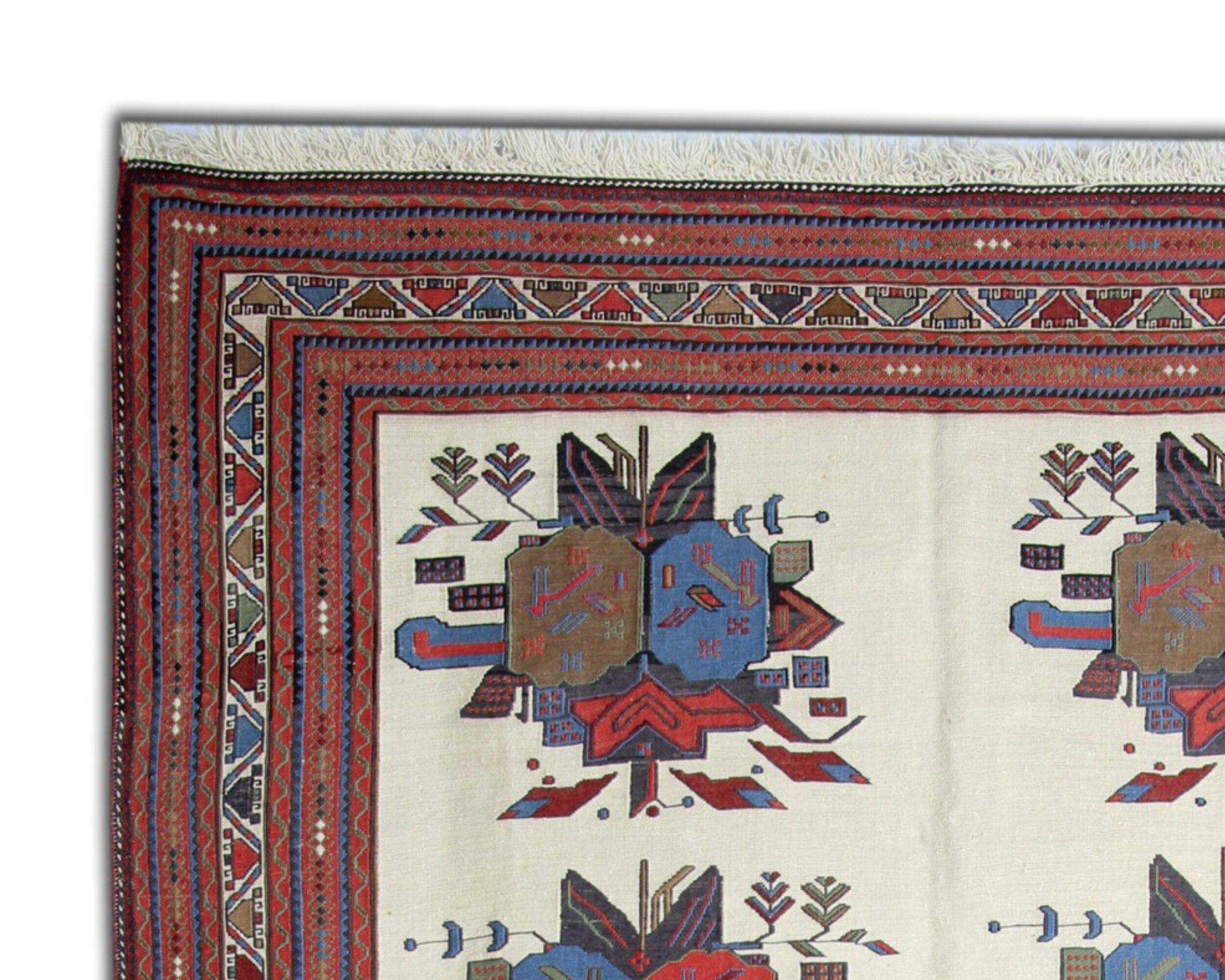 Afshar Sumakh Kilim Rug Cream Floral Design Handmade Wool 212x120cm