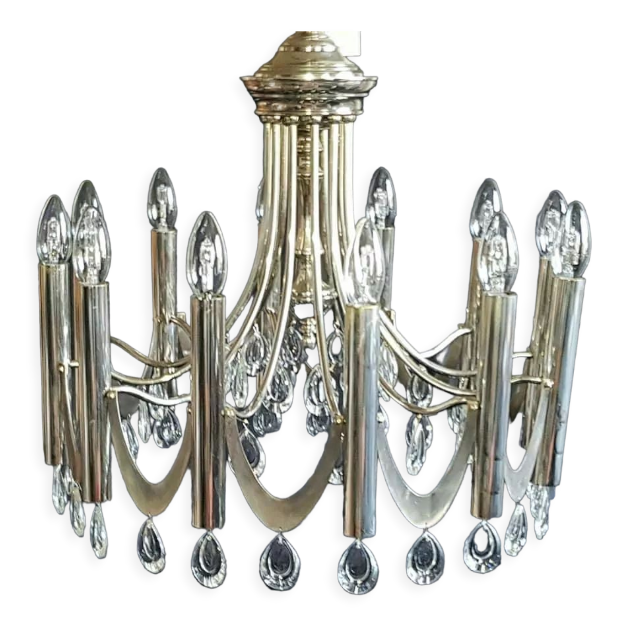 Magnificent rare large chandelier design chromed metal, stainless steel, tassels crystal pop age